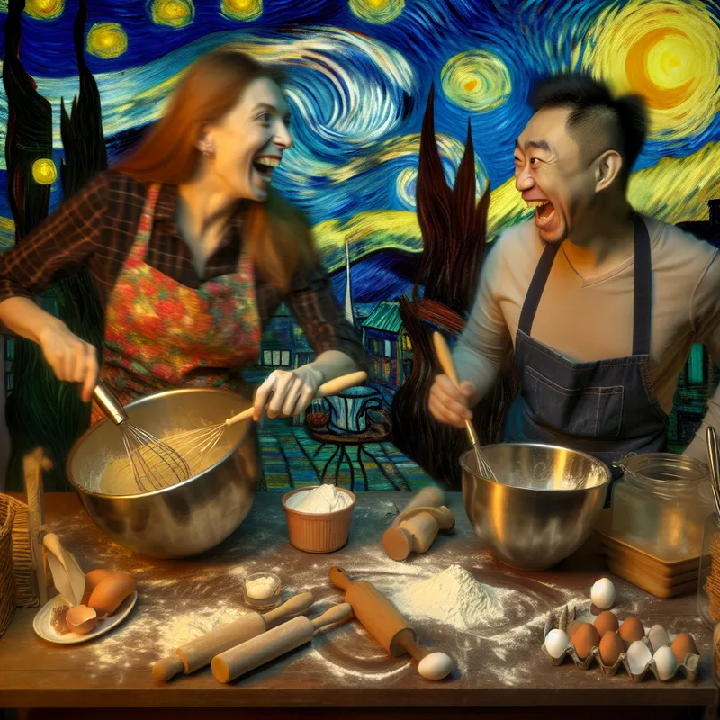 Twee vrienden in een gezellige keuken die samen bakken, met een open receptenboek en ingrediënten op het aanrecht, in de stijl van Vincent van Gogh