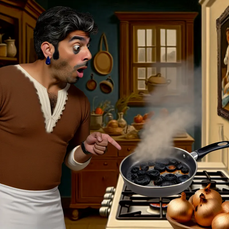 Grappe keukenscène in de stijl van Jan Steen met een persoon die afgeleid raakt en eten laat aanbranden, zwarte uien in een pan op het fornuis
