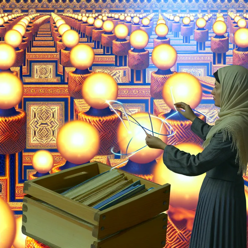 Surrealistische klaslokaal-scène in de stijl van M.C. Escher, waarin een leraar aandacht besteedt aan zwevende lichtbollen die studentenbehoeften symboliseren, verbonden door delicate patronen