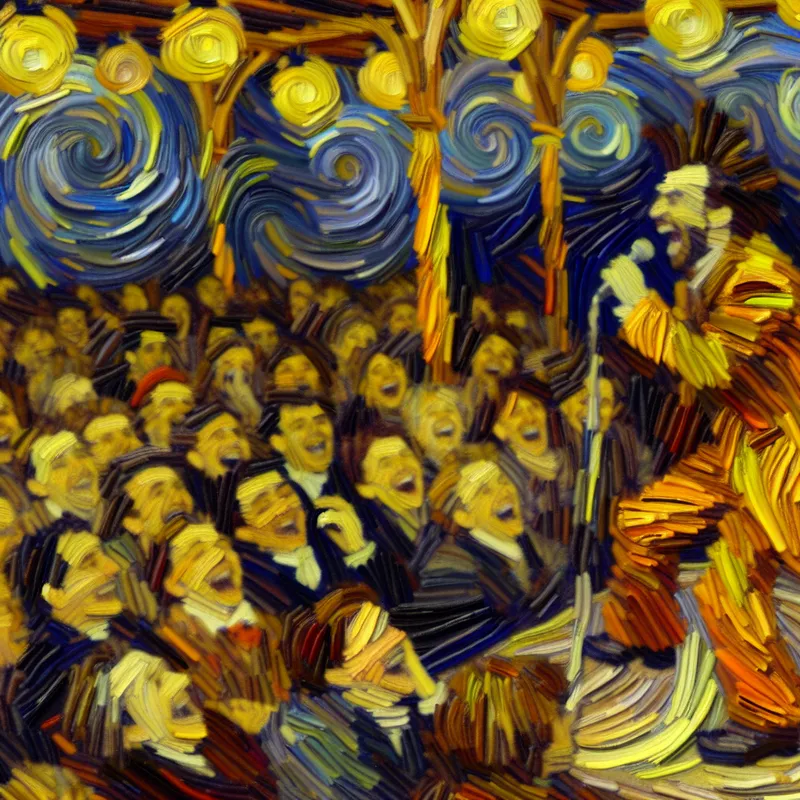Vrolijke stand-upcomedian op het podium in Van Gogh-stijl, met een lachende publiek dat volledig in beslag wordt genomen door de voorstelling