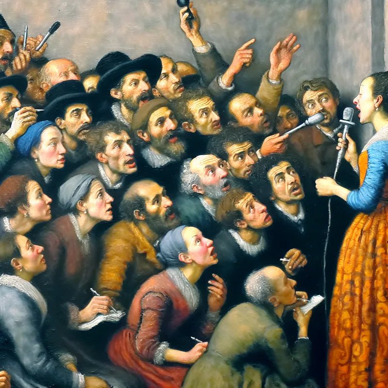 Vrouw vertelt gepassioneerd haar verhaal aan gretige journalisten, aandacht trekkend met expressieve gebaren in levendige schilderstijl