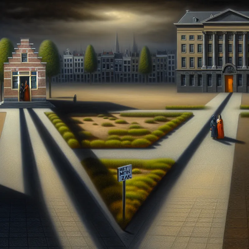 Surrealistisch schilderij van twee paden in een verlaten stadsplein: één leidt naar een warm verlichte woning met ouders, het andere naar een gesloten deur met het bord 'Niet mijn zaak', symboliserend verantwoordelijkheid en keuzes in aangelegenheden
