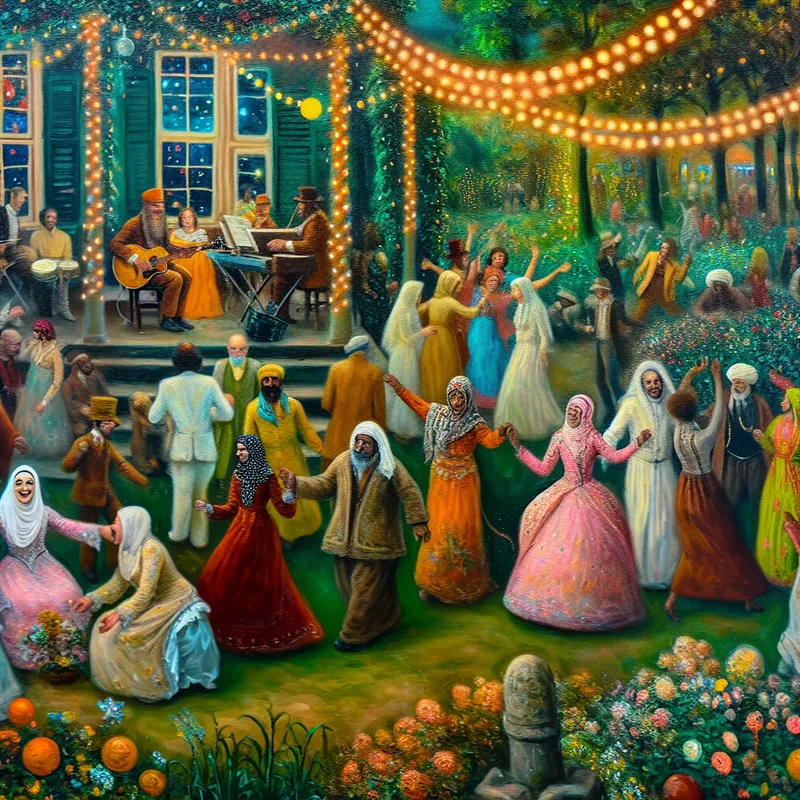 Een levendige en nostalgische buitenevenementscène met een diverse groep mensen die dansen in een weelderige tuin, verlicht door kleurrijke versieringen en feeënlichtjes.