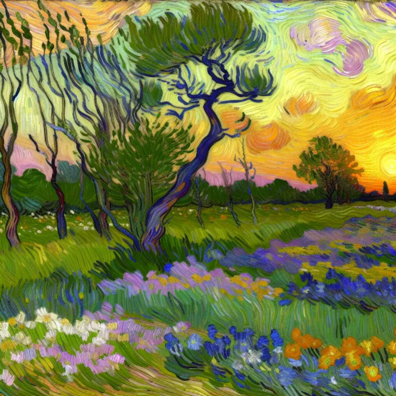 Serene Van Gogh-achtige avondlandschap met zacht gloeiende zonsondergang en groene weide, aangenaam warm weer in april