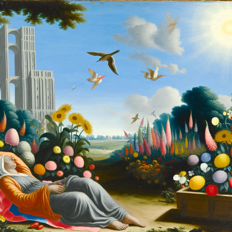 Een persoon ontspant op een deken te midden van kleurrijke bloemen en geniet van de mooie dag met helder licht en vogels.