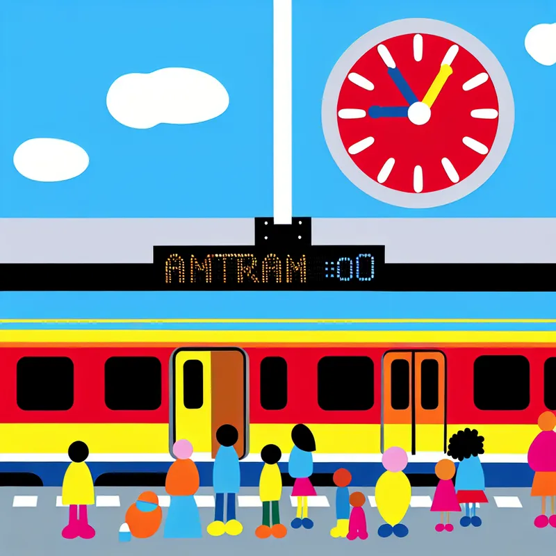 Kleurvolle trein arriveert op station Amsterdam met diverse passagiers en een klok die 9:00 toont