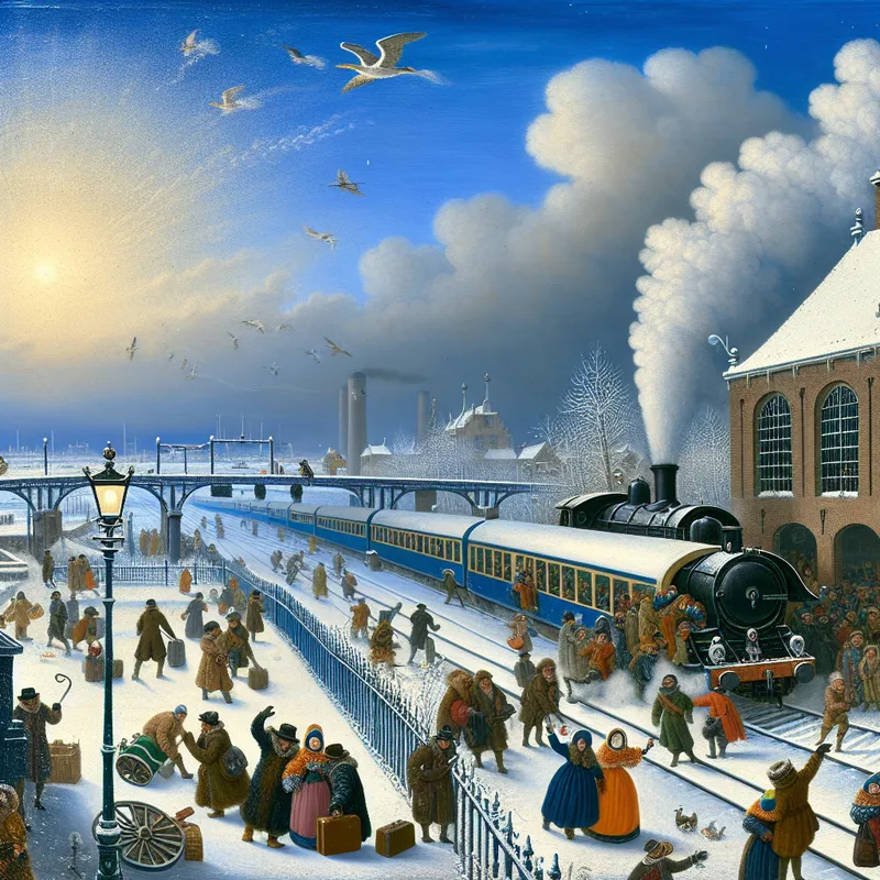 Druk treinstation in winterse setting met aankomende stoomtrein op perron vijf, reizigers in warme kleding en levendige details zoals sneeuw en ijs