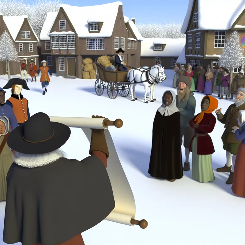 17e-eeuws Nederlands dorp in de sneeuw waar dorpelingen reageren op een aankomend bericht van een stadsomroeper met een briefrol