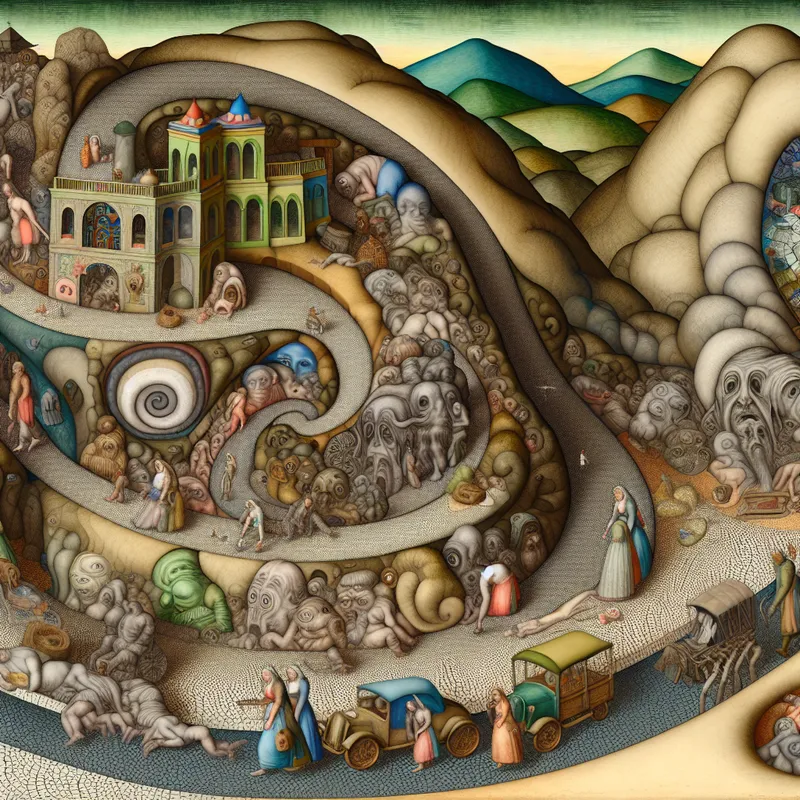 Fantastisch tafereel van reizigers die aankomen op hun bestemming, geïnspireerd door Hieronymus Bosch