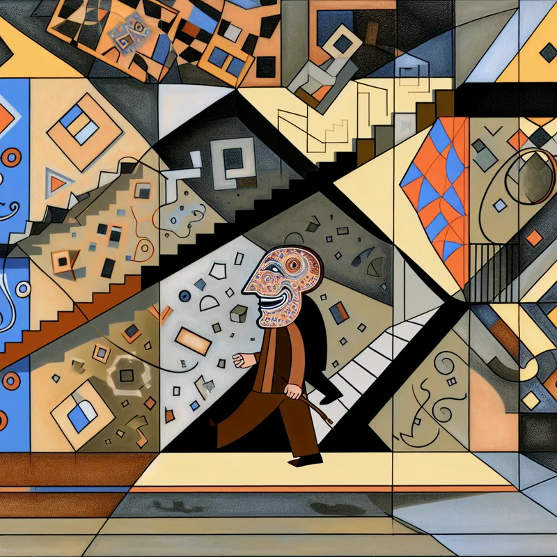 Surrealistische illustratie van een persoon met een gloeiende neus die geometrische patronen van gelach en glimlachen uitstraalt, omringd door onmogelijke constructies en optische illusies in de stijl van M.C. Escher, symboliserend aanleg voor humor