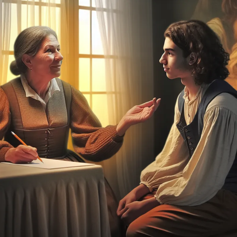 Een oudere mentor biedt advies aan een jonge persoon in een gezellige kamer, met vastberaden gezichten en een warme sfeer.