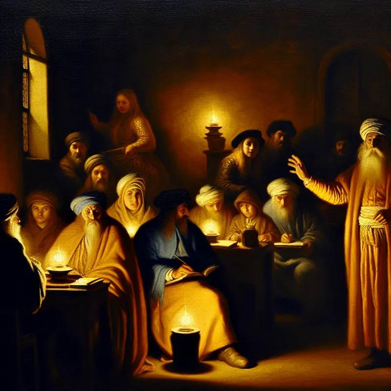 Wijze leraar past lesintensiteit aan in sfeervol kaarsverlicht klaslokaal met dramatisch clair-obscur, symboliserend het concept aanpassen