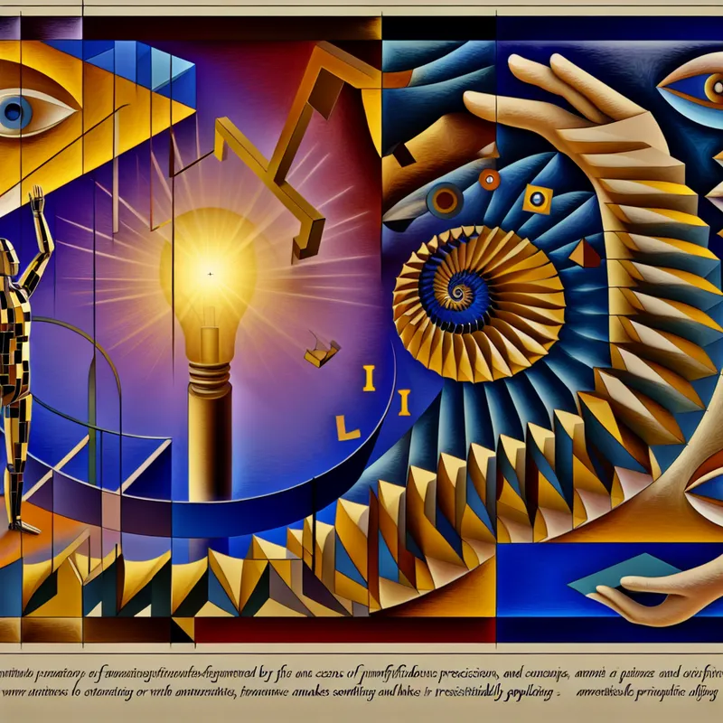 Surrealistische Escher-achtige scène met een charismatische figuur die een transformerend object aanprijst op een onmogelijke trap, omringd door symbolen van overtuiging en aantrekkingskracht