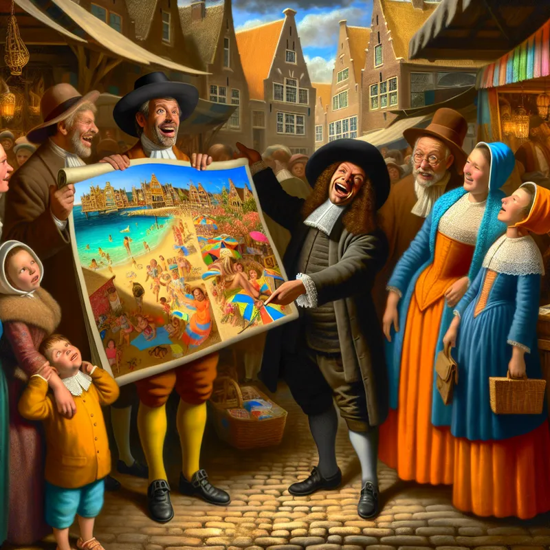 17e-eeuwse Nederlandse marktscène waarin een enthousiaste koopman een luxe vakantiebestemming aanprijst aan een gezin, in de levendige stijl van Frans Hals
