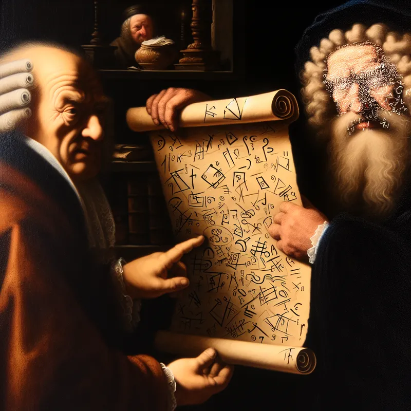 Twee geleerden in een donkere studeerkamer onderzoeken documenten die niet bij elkaar aansluiten, met een verbaasde en een wijzende uitdrukking