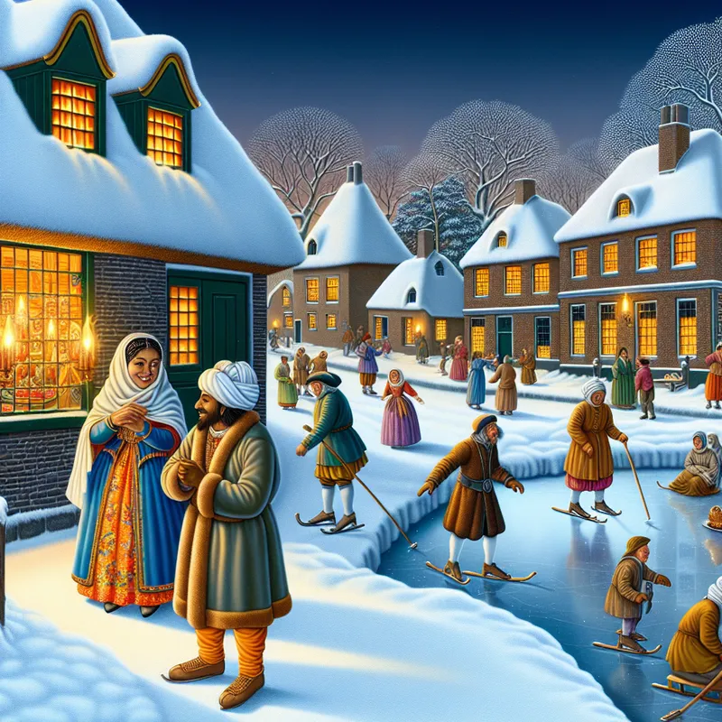 Gezellige wintertafereel in een Nederlands dorp waar een vriendelijke persoon een ander aanspoort om deel te nemen aan een gesprek op het ijs