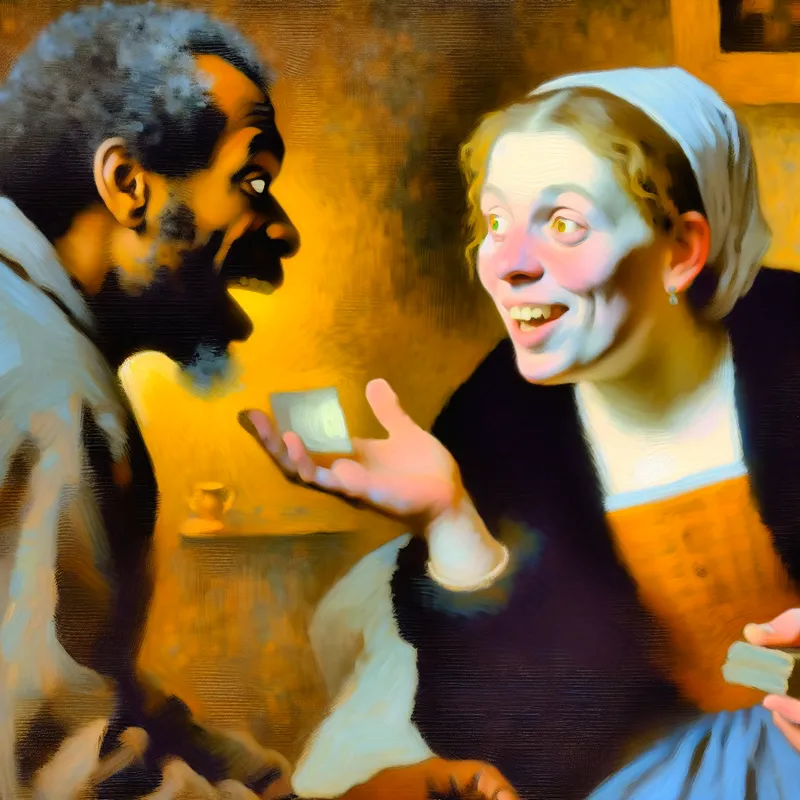 Twee mensen in een levendig gesprek, waarbij de ene persoon de ander aanspoort om verder te vertellen, met een brief of boekje als symbool van gedeelde informatie