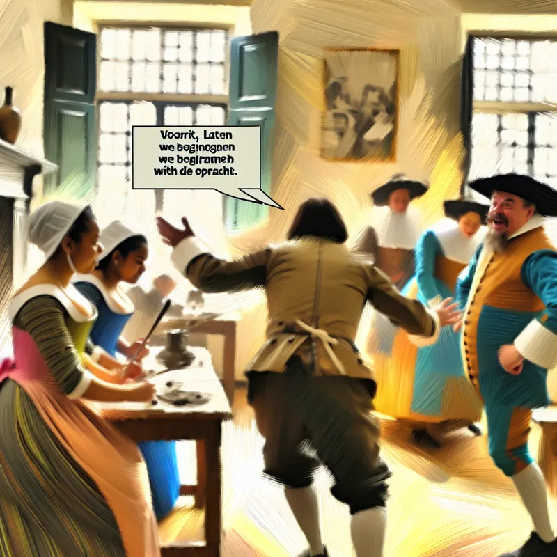 17e-eeuwse Nederlandse groep in levendige aansporingsscène, persoon moedigt ander aan met 'Vooruit, laten we beginnen met de opdracht'