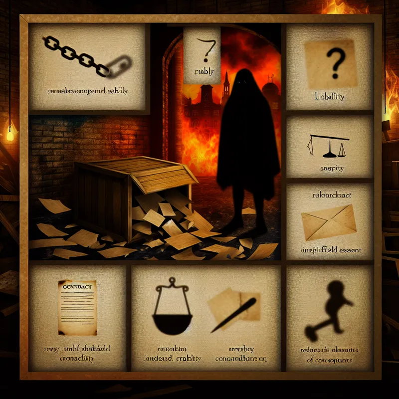 Symbolische illustratie van aansprakelijkheid met een mysterieuze figuur naast een gebroken pakket, schade en verzekeringsdocumenten in een donkere, gotische setting