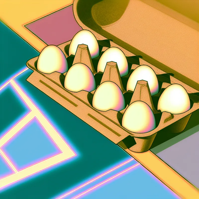 Retro-futuristische illustratie van een eierdoos met precies zes eieren, ter verduidelijking van het aantal zes