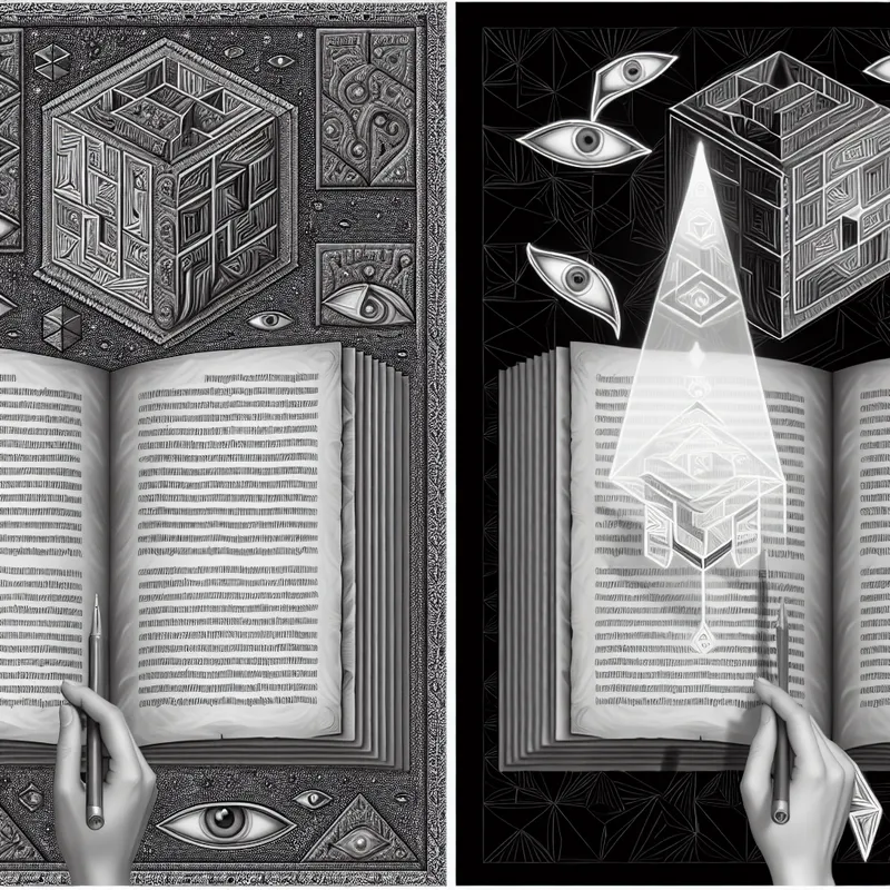 Surrealistische illustratie van een open boek met onmogelijke constructies en een gloeiende aantekening die een tekst verheldert, in de stijl van M.C. Escher