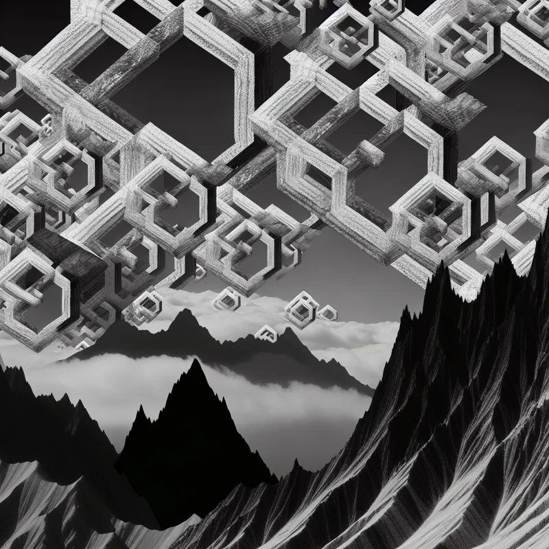 Surreal berglandschap in geometrische stijl met Escher-achtige patronen