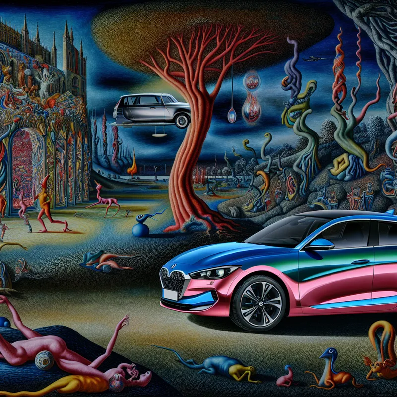 Surrealistisch tafereel in de stijl van Jheronimus Bosch met een moderne, glanzende auto als centraal aandachtspunt, omringd door bizarre wezens in een dromerig landschap, symbool voor aantrekkelijkheid
