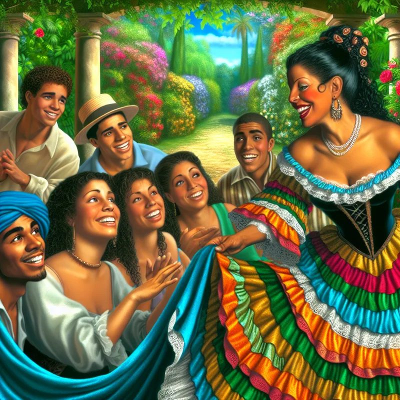 Een charmante vrouw met een warme glimlach die een diverse groep vrienden verwelkomt in een groene tuin vol bloemen.