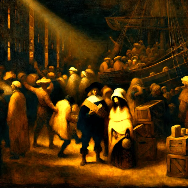 17e-eeuws Hollands havenmagazijn met arbeiders die goederen lossen onder toezicht van een opzichter, symboliserend de aanvoer van goederen en informatie