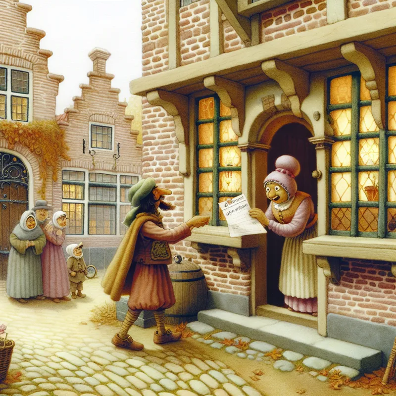 Een persoon biedt een aanvraag in bij een vriendelijke balie-medewerker in een charmant Nederlands gemeentehuis.