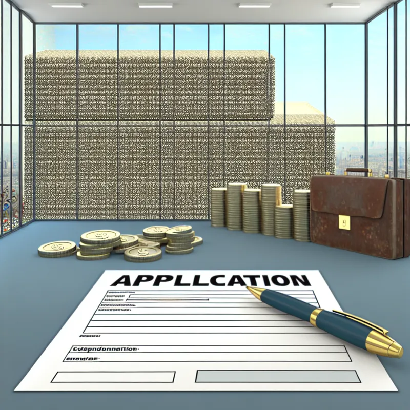 Een hyper-realistisch en surrealistisch kantoor met een groot aanvraagformulier en financiële elementen zoals munten en een koffer.