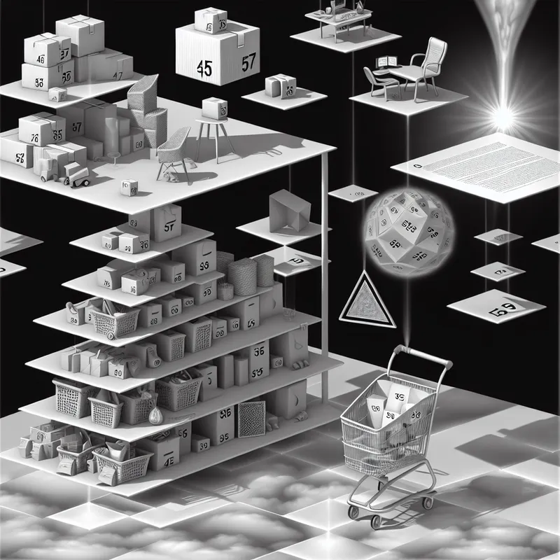 Surrealistische illustratie in de stijl van M.C. Escher van een torenhoge stapel met lagen die extra kosten en taken symboliseren, zoals boodschappen, bezorgkosten en werk