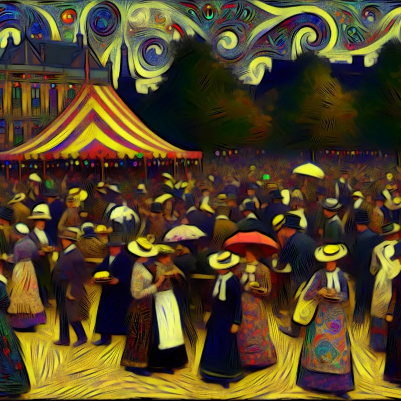 Vibrant festivalscène met mensen die dansen en kleurrijke kraampjes verkennen, in een stijl met subtiele gothische elementen.