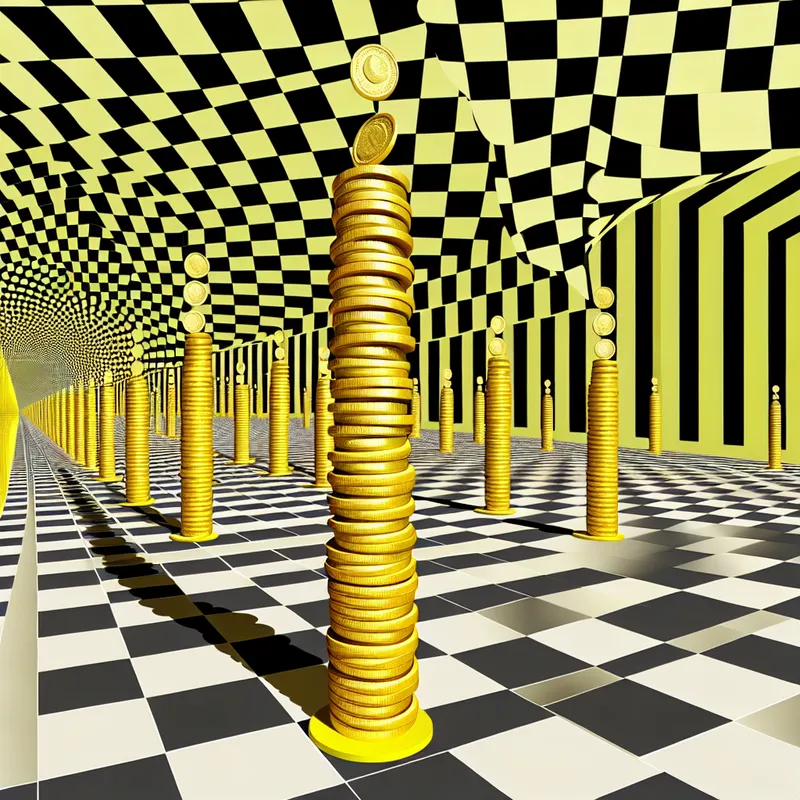 Surrealistische illustratie van een aanzienlijke hoeveelheid gouden munten in een onmogelijke spiraalconstructie, geïnspireerd op M.C. Escher, met een lange rij wachtende figuren op een betegeld vlak