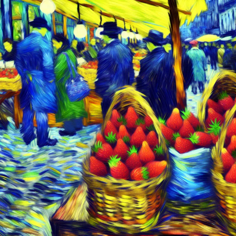 Levendige marktscène in Van Gogh-stijl met een fruitkraam vol rijpe rode aardbeien in manden, omringd door drukke kopers en verkopers