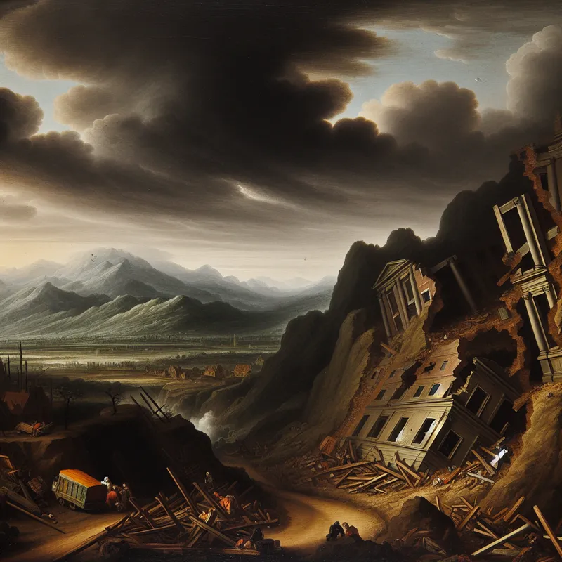 Dramatisch landschap van een aardbeving met instortende gebouwen in een ravijn onder een stormachtige lucht.