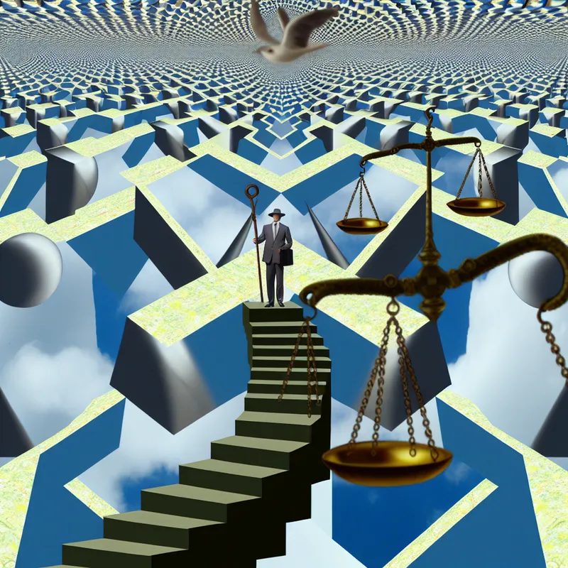 Surrealistische voorstelling van een absolute heerser op een oneindige trap in de stijl van M.C. Escher, symboliserend onbeperkte macht en gezag zonder grenzen