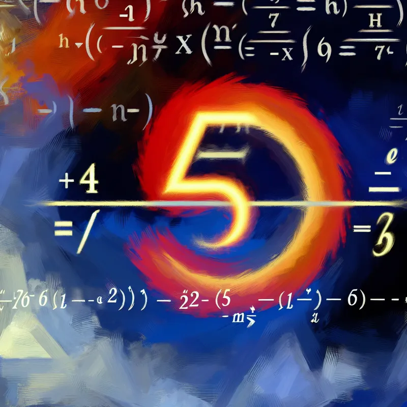 Illustratie van absolute waarde in wiskunde met getal -5 dat verandert in 5 binnen een stralend absoluutteken, in levendige penseelstreken