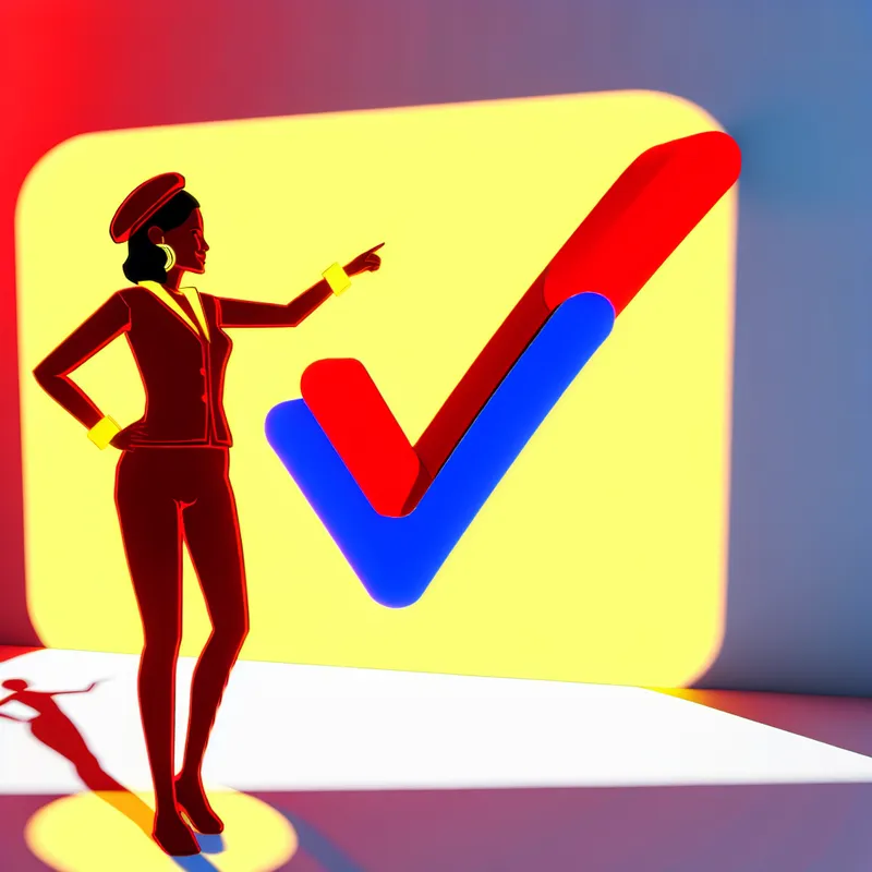 Minimalistische illustratie van een zelfverzekerde vrouw die naar een grote, gloeiende vink op de muur wijst, symboliserend absolute zekerheid zonder twijfel