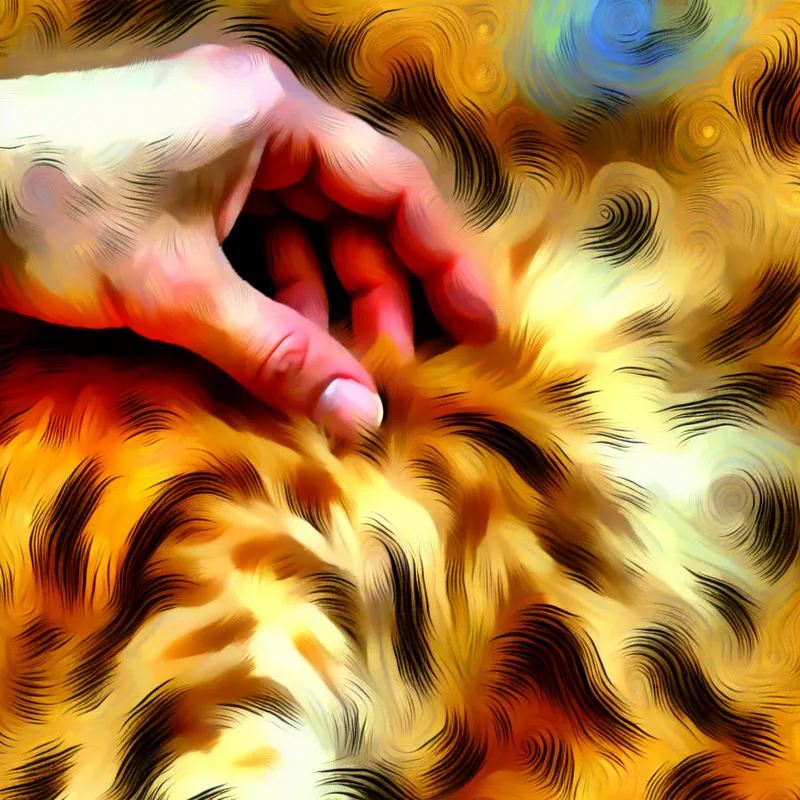 Abstract expressionistisch schilderij van een hand die zachtjes een kat aait, met warme kleuren en dynamische penseelstreken