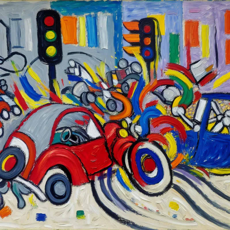 Abstracte voorstelling van een achteraanrijding bij een verkeerslicht in expressieve stijl, met felle kleuren en dynamische penseelstreken