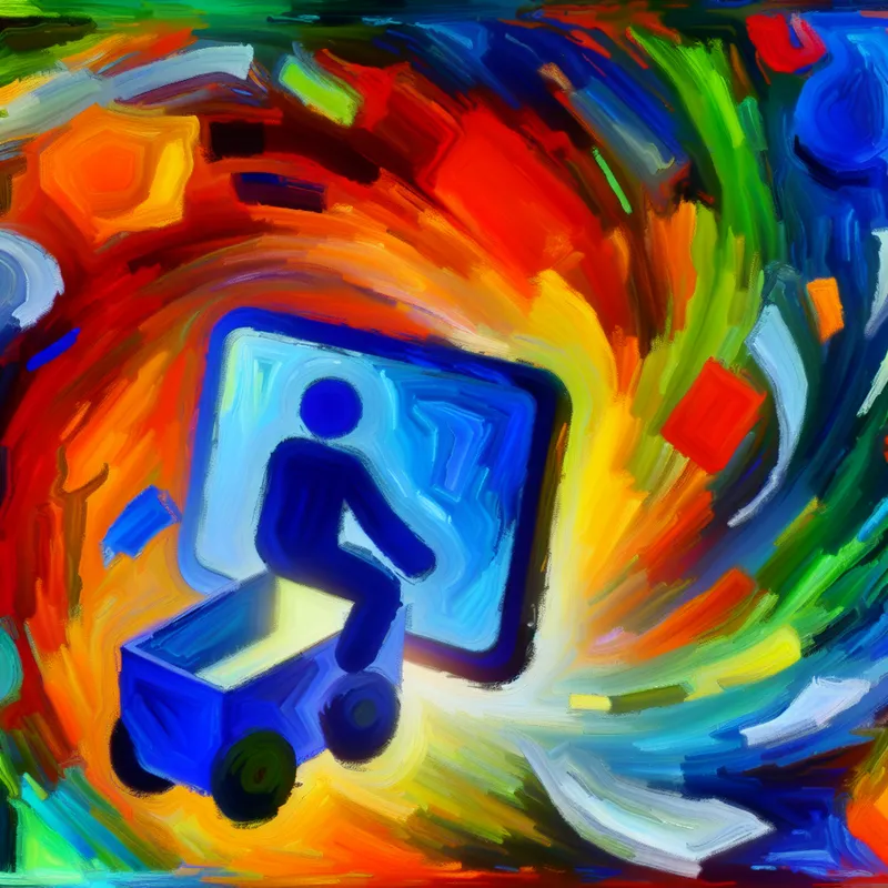 Abstracte afbeelding van een persoon die een grote, kleurrijke computer aanzet, omringd door speelse vormen en felle kleuren die creativiteit uitdrukken.