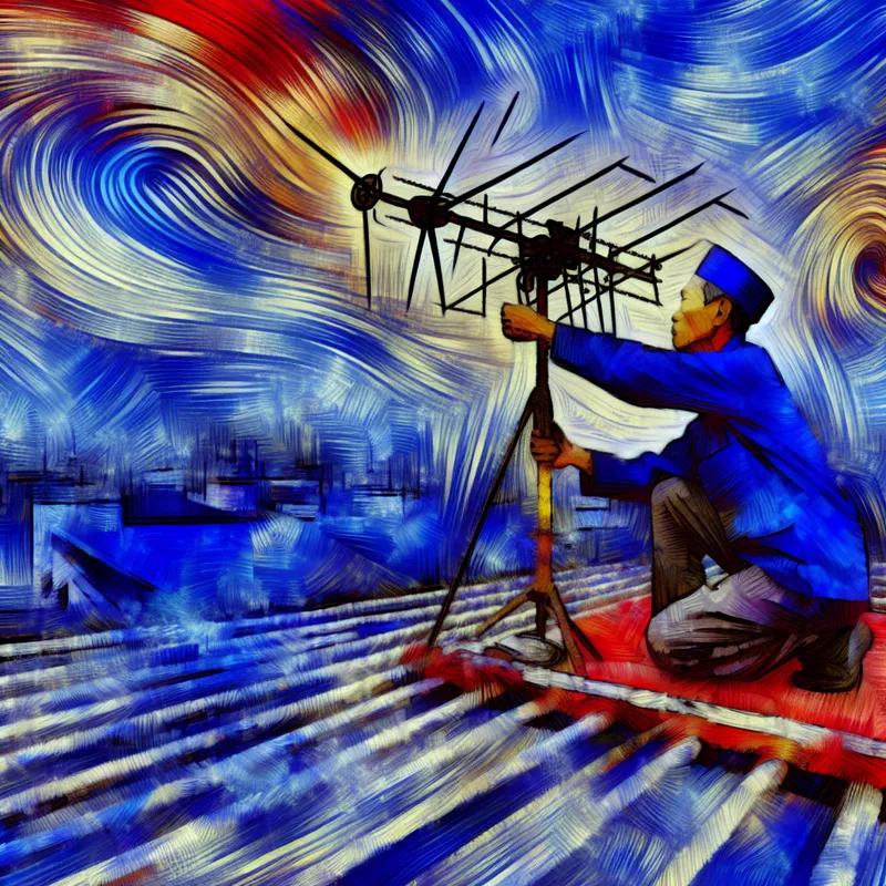 Abstract expressionistisch schilderij van een monteur die een televisieantenne op een dak afstelt, met dynamische penseelstreken en felle kleuren