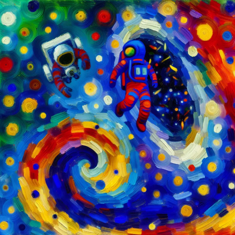 Abstracte voorstelling van een astronaut die door het kleurrijke heelal zweeft, geschilderd in de expressieve stijl van Karel Appel met sterren, planeten en nevels