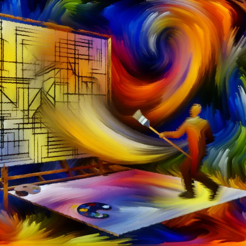 Abstracte afbeelding van een figuur die een project afrondt met verf op een groot canvas, te midden van een kleurrijke en chaotische achtergrond.