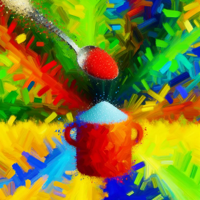 Kleurrijk abstract schilderij van een klein lepeltje suiker uit een speelse suikerpot in de stijl van Karel Appel, ter illustratie van het woord 'beetje'