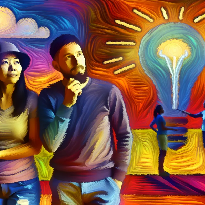 Abstract schilderij van een denkende figuur en een actie die morgen gebeurt, in de stijl van Karel Appel