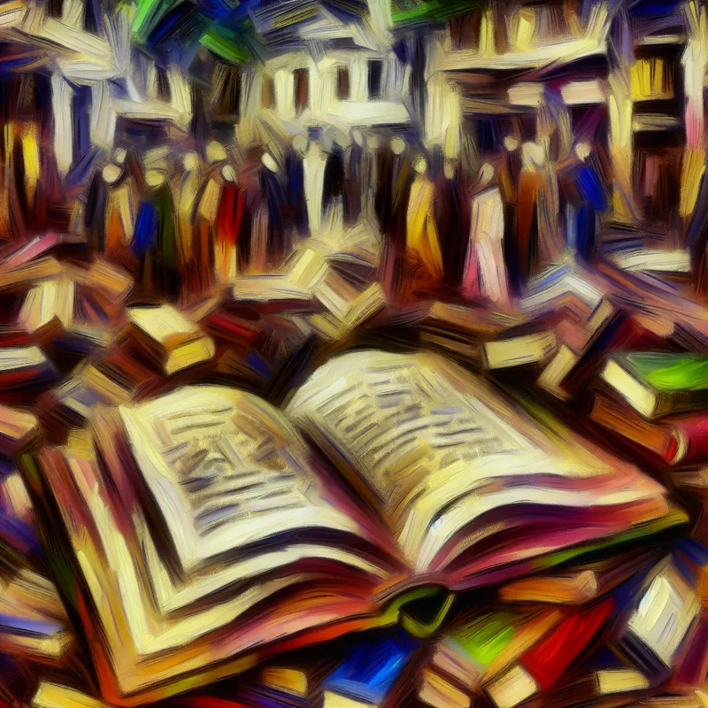 Abstract expressionistische scène in een tweedehands boekwinkel