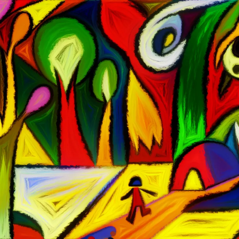 Een kleurrijke abstracte voorstelling van een bosavontuur met een speelse persoon en fantasierijke wezens.