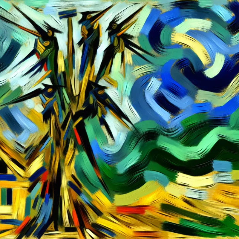 Abstract expressionistisch schilderij van een verwrongen boom met felgekleurde vogels bovenin, symbool voor 'boven in' of 'aan de top'